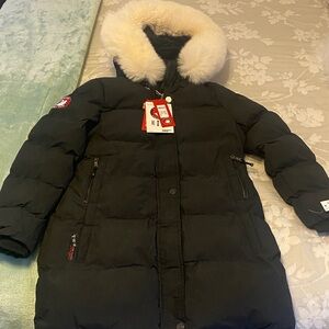 Women's Black Puffer Coat with Fur Hood